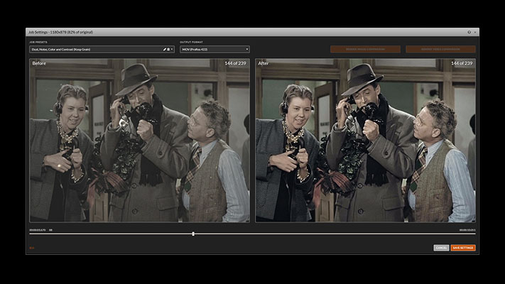 Film frame of three people on the telephone shown before and after restoration, side by side